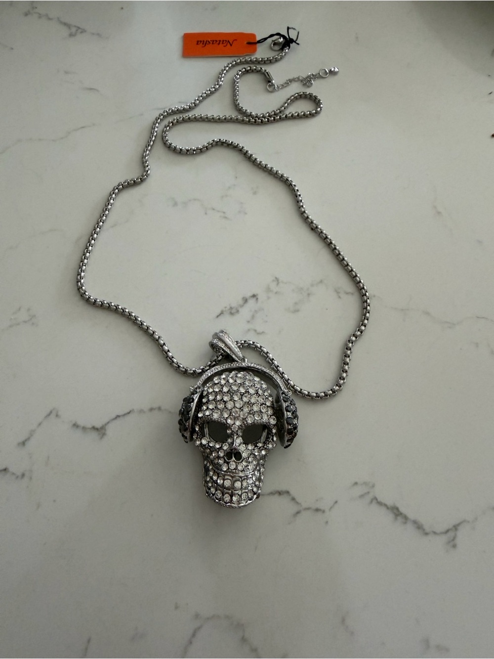 Natasha Couture Silver Crystal Skull Headphone Pendant Necklace